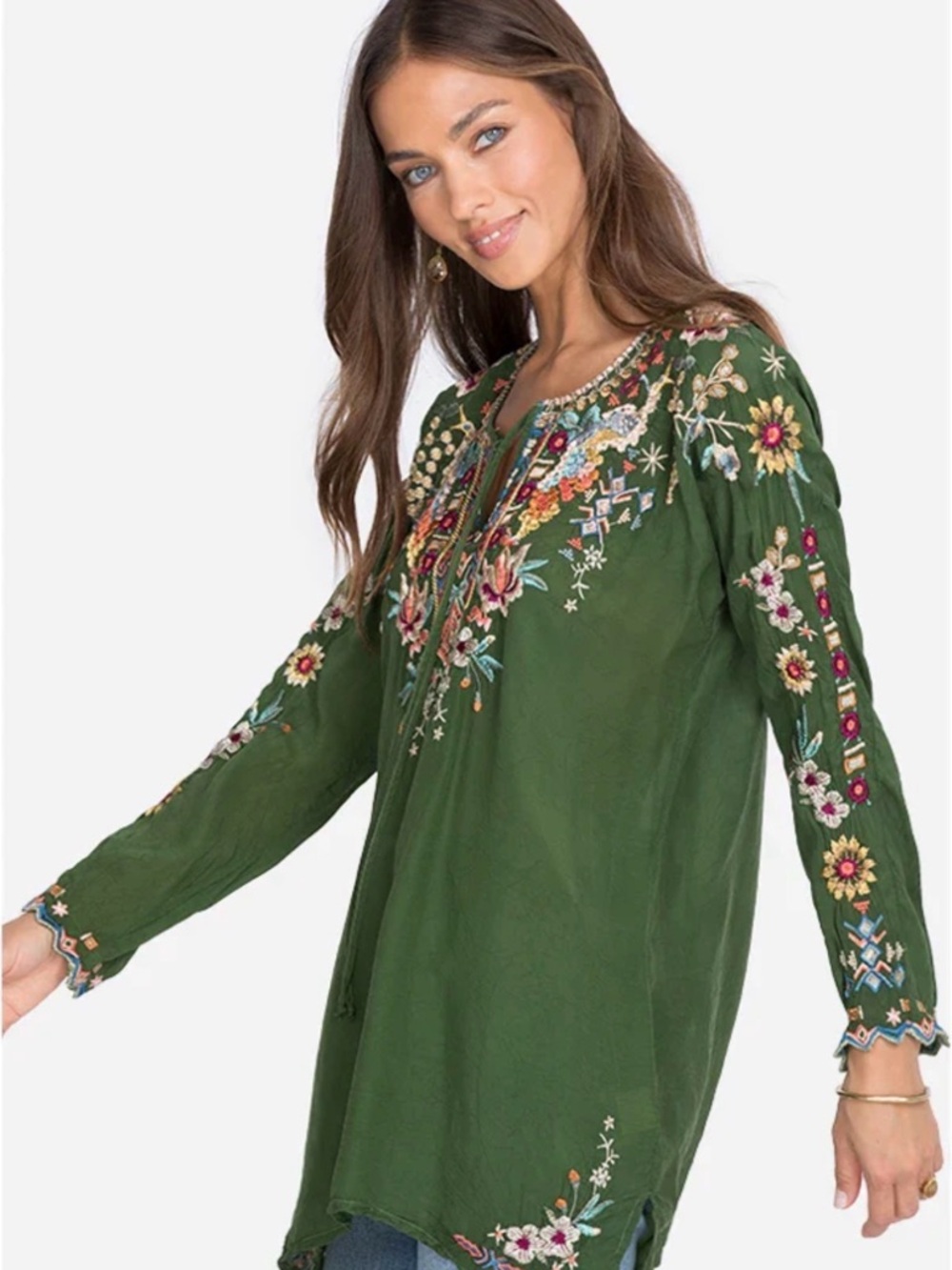 Johnny Was Green Embroidered tunic blouse